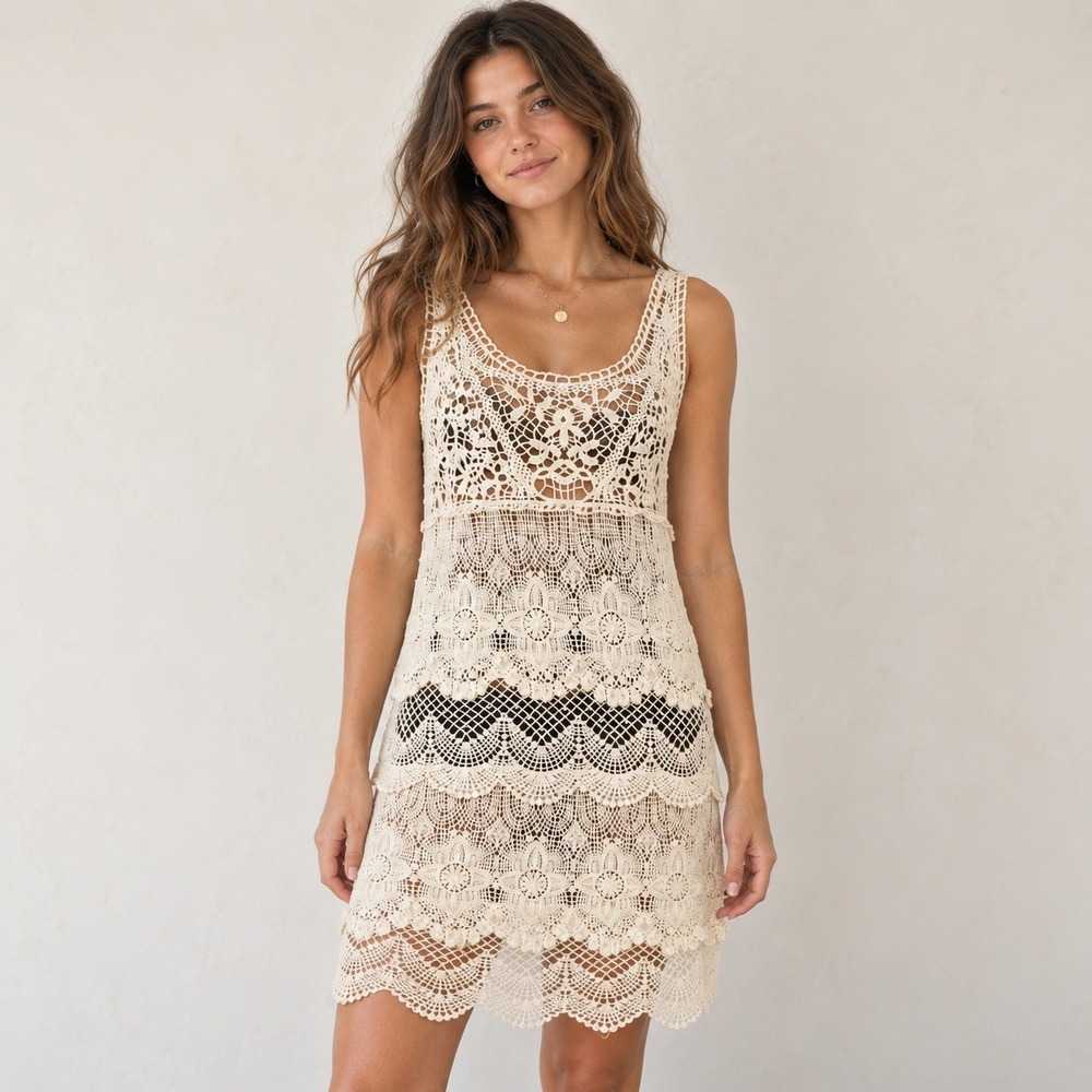 AE Crochet Lace Tiered Mini Dress Size S Boho Cottage Victorian Romantic Fairy